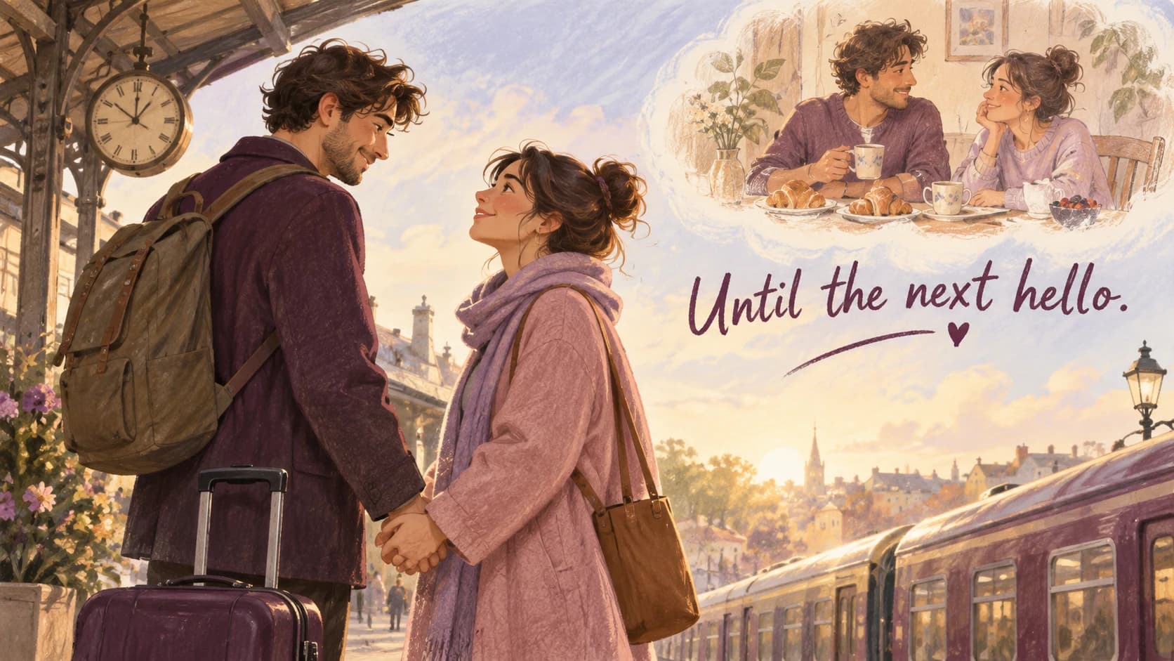 Illustration of a couple saying goodbye at a station and remembering breakfast together