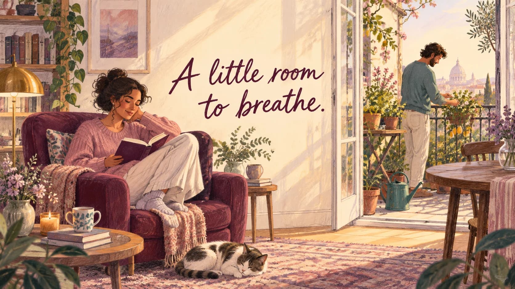 Illustration of partners enjoying reading and gardening separately beneath A little room to breathe.