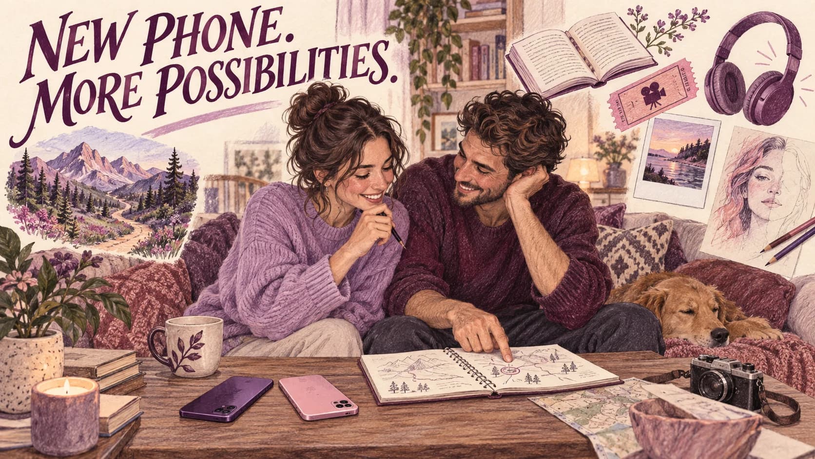 Editorial illustration of a couple planning a weekend with phones, books, music, travel, and a colorful portrait