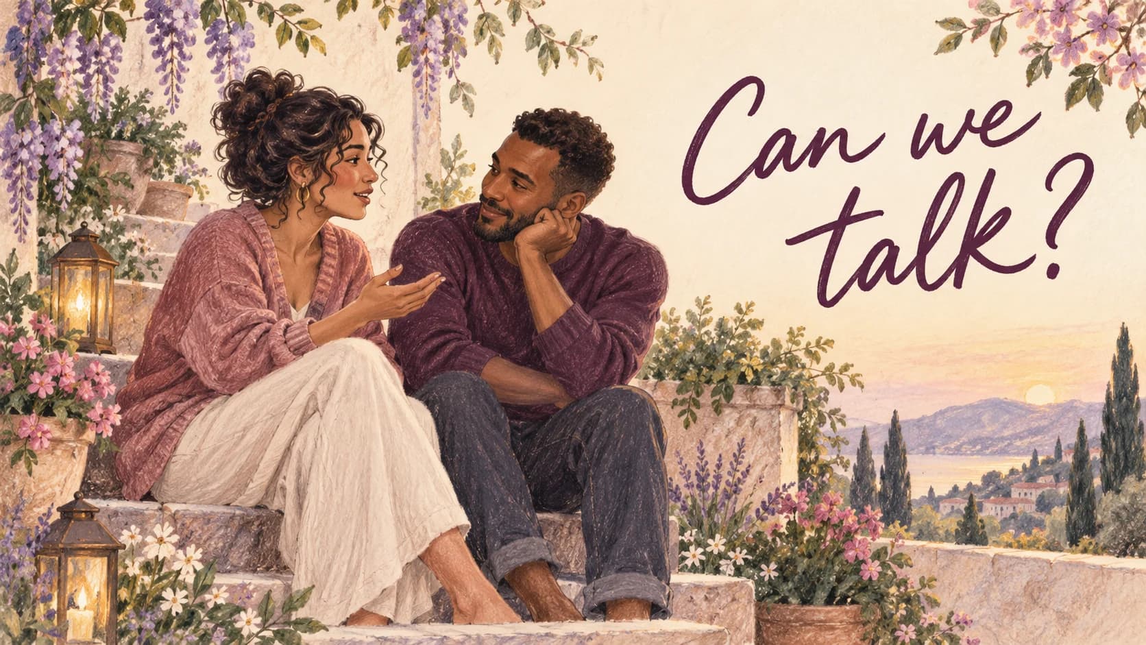 Illustration of partners having a gentle conversation on garden steps beneath Can we talk?