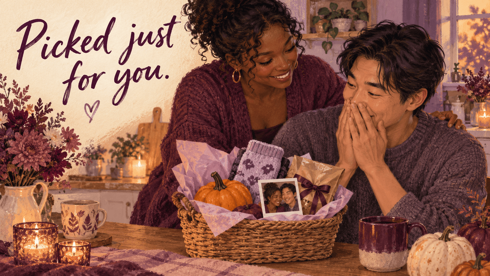 Illustrated woman giving her partner a Halloween gift basket beneath Picked just for you.