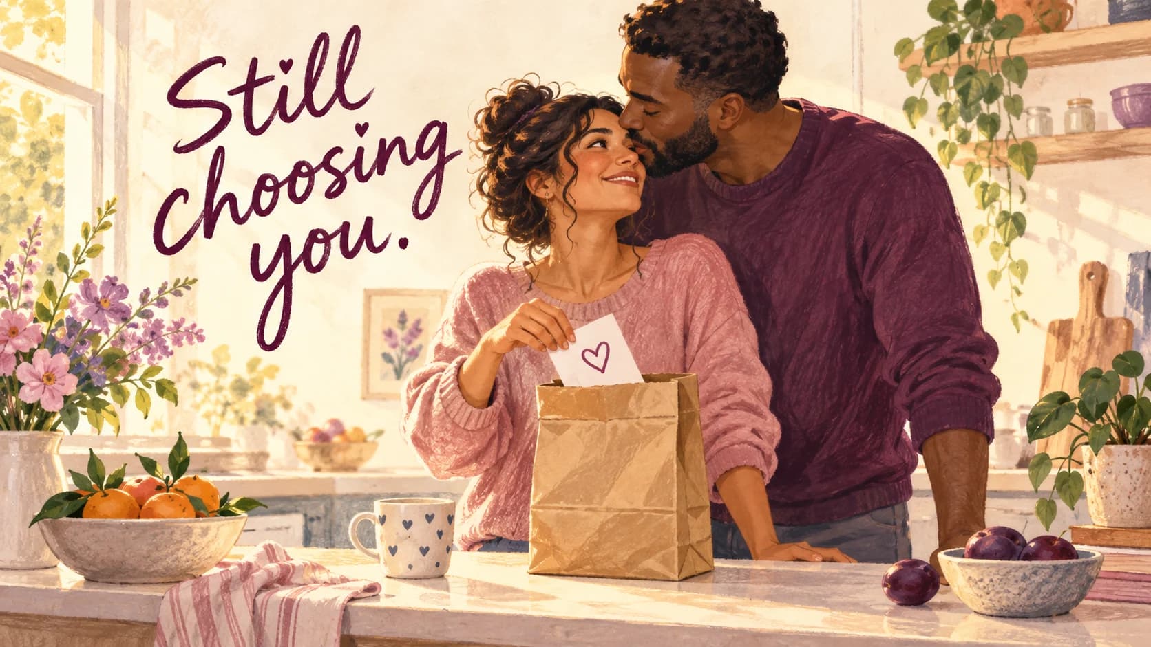 Illustration of a couple sharing a loving moment with a heart note beneath Still choosing you.