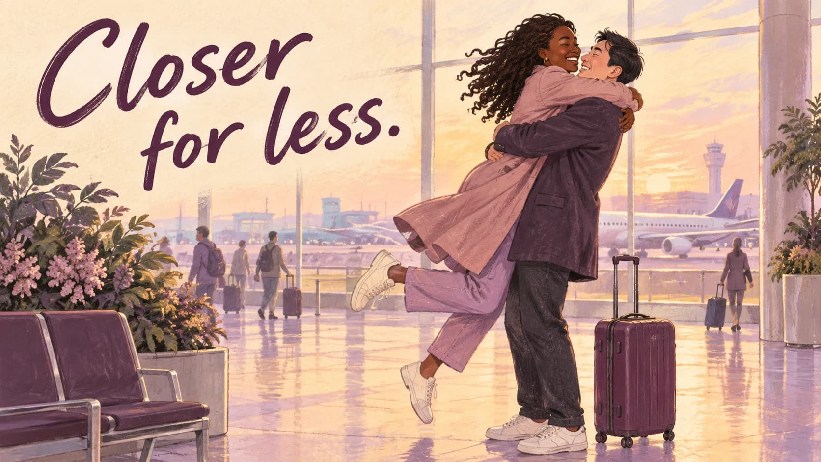 Original illustration of a couple embracing at airport arrivals beside a plum suitcase beneath Closer for less.