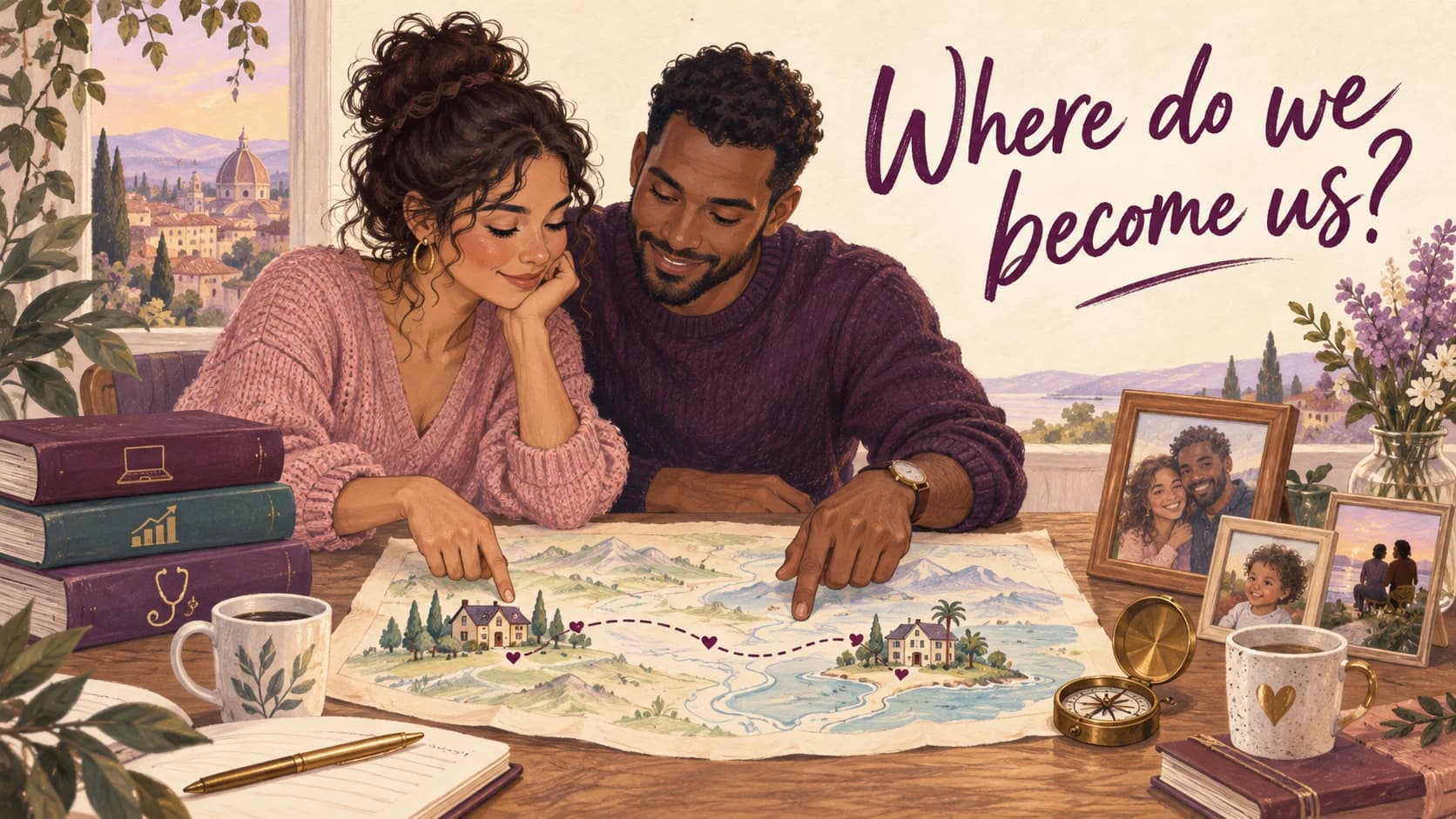 Illustration of partners considering two locations on a map beneath Where do we become us?