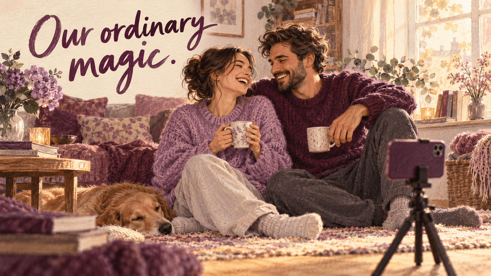 Illustrated couple posing naturally at home for a phone camera beneath Our ordinary magic.