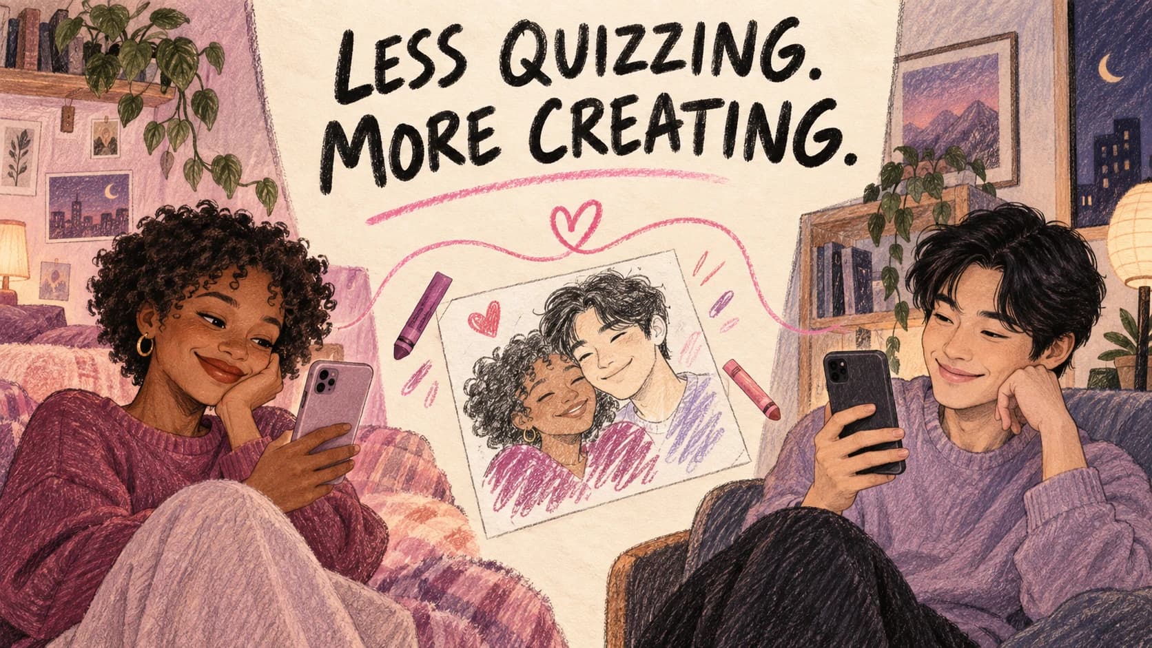 Illustrated couple in separate rooms creating together with a shared portrait between them and the words Less Quizzing, More Creating