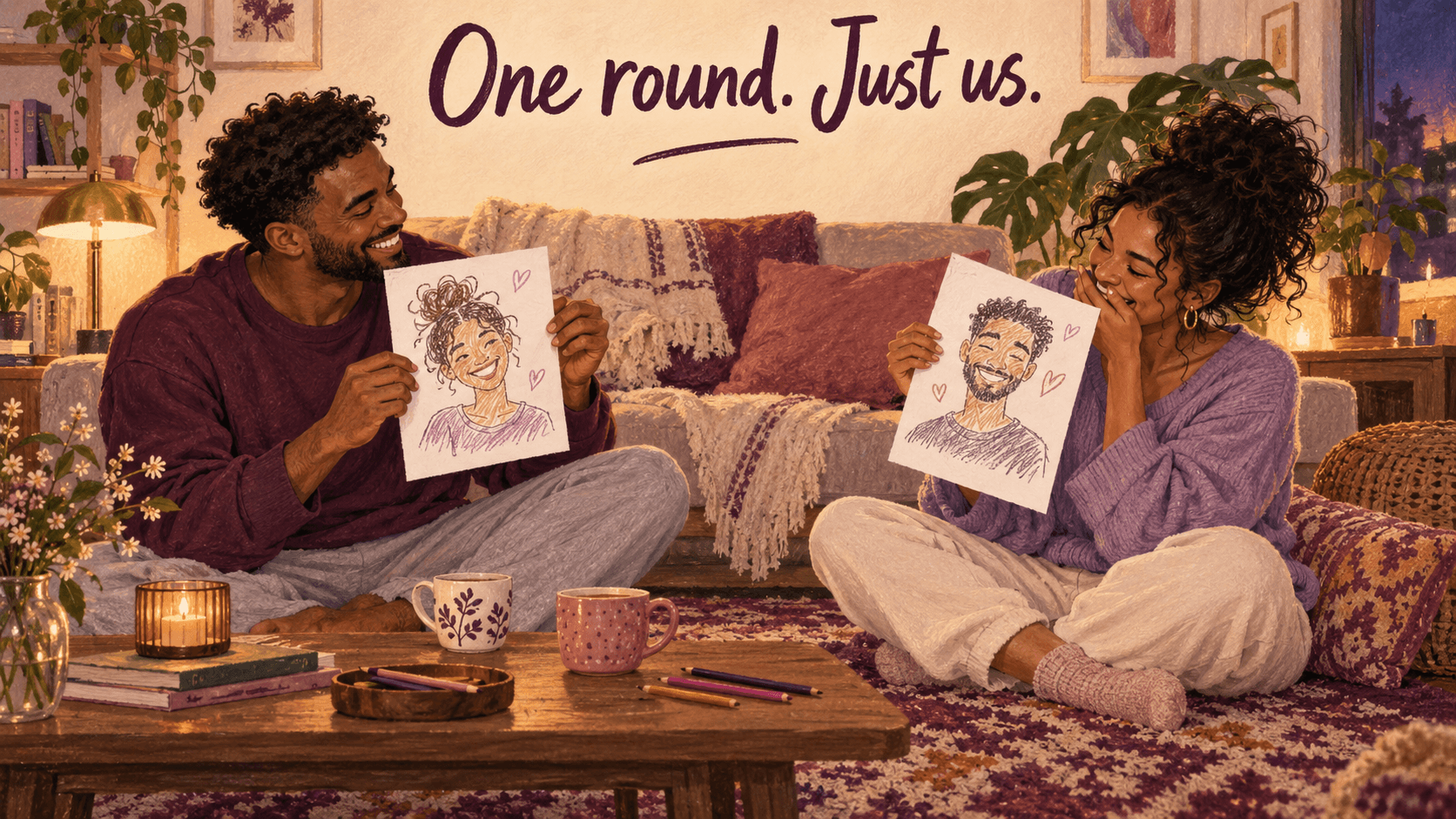Illustrated couple laughing as they reveal playful portraits during a game night at home