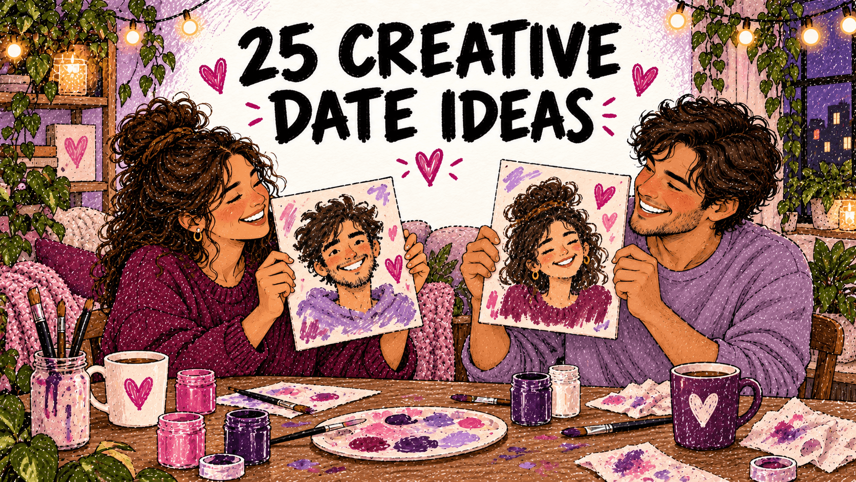 Hand-drawn couple laughing as they reveal painted portraits of each other beneath the words 25 Creative Date Ideas