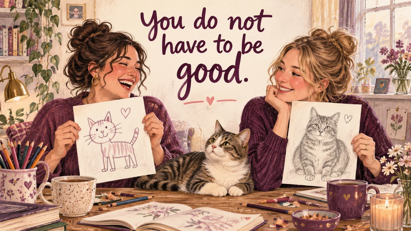 Illustrated partners happily showing cat drawings with different levels of detail
