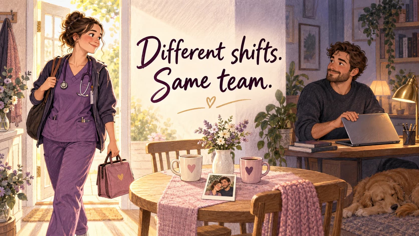 Illustration of partners balancing different work shifts with a shared breakfast table
