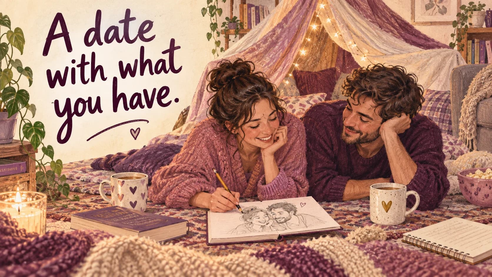 Illustrated couple enjoying a date at home with a blanket and sketchbook