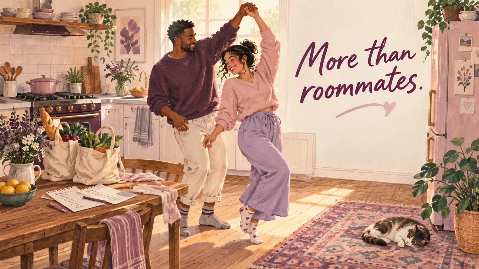 Illustration of a couple dancing in their kitchen beneath More than roommates.