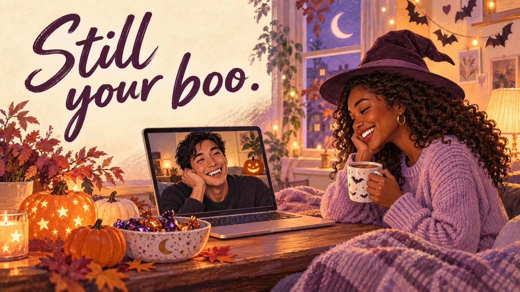 Illustrated couple enjoying a Halloween video date from separate homes beneath Still your boo.