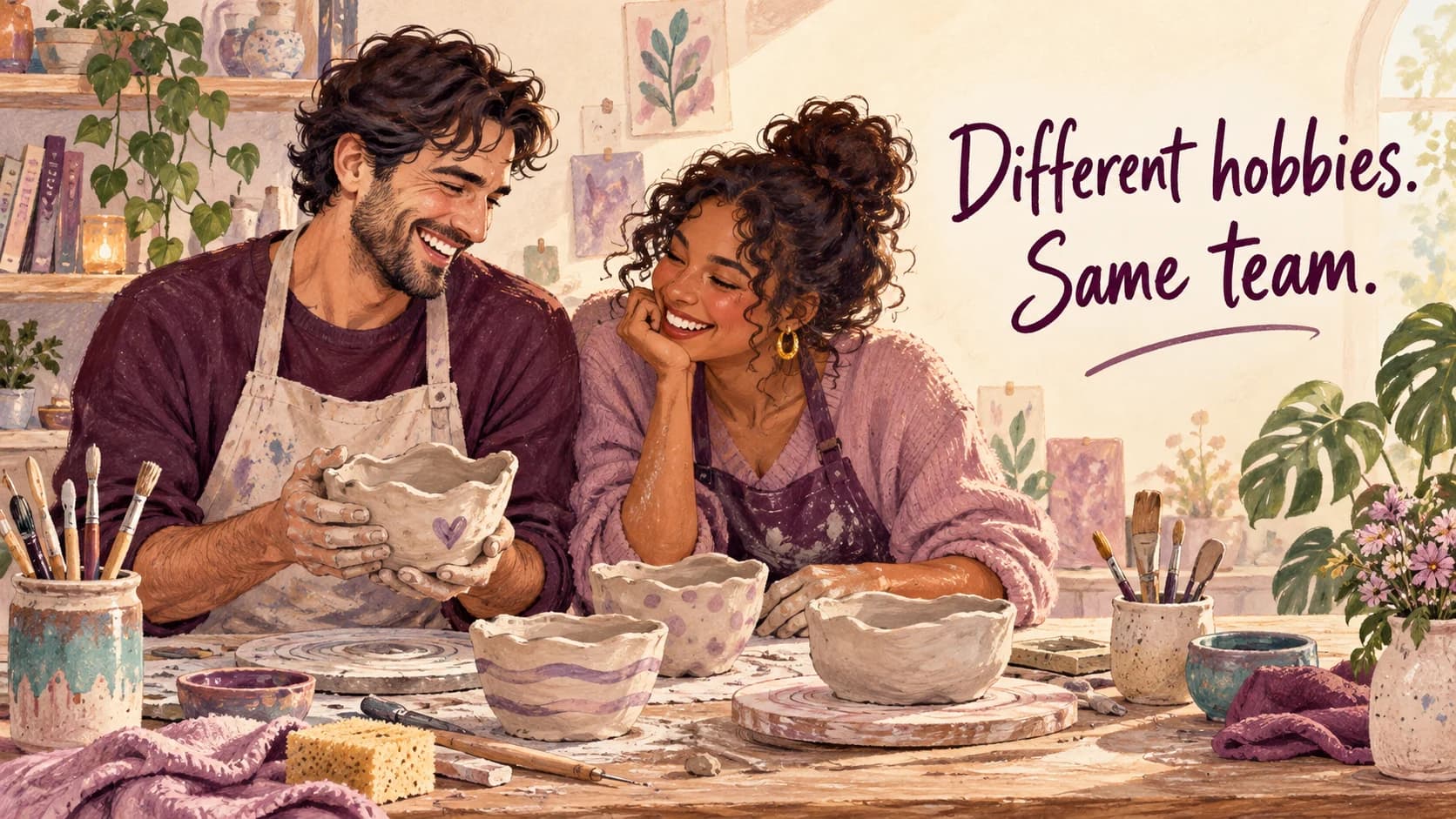 Illustration of a couple laughing over handmade clay bowls beneath Different hobbies. Same team.