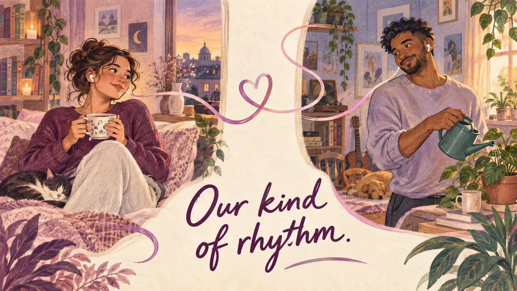 Illustration of partners sharing an earbud call from separate rooms beneath Our kind of rhythm.
