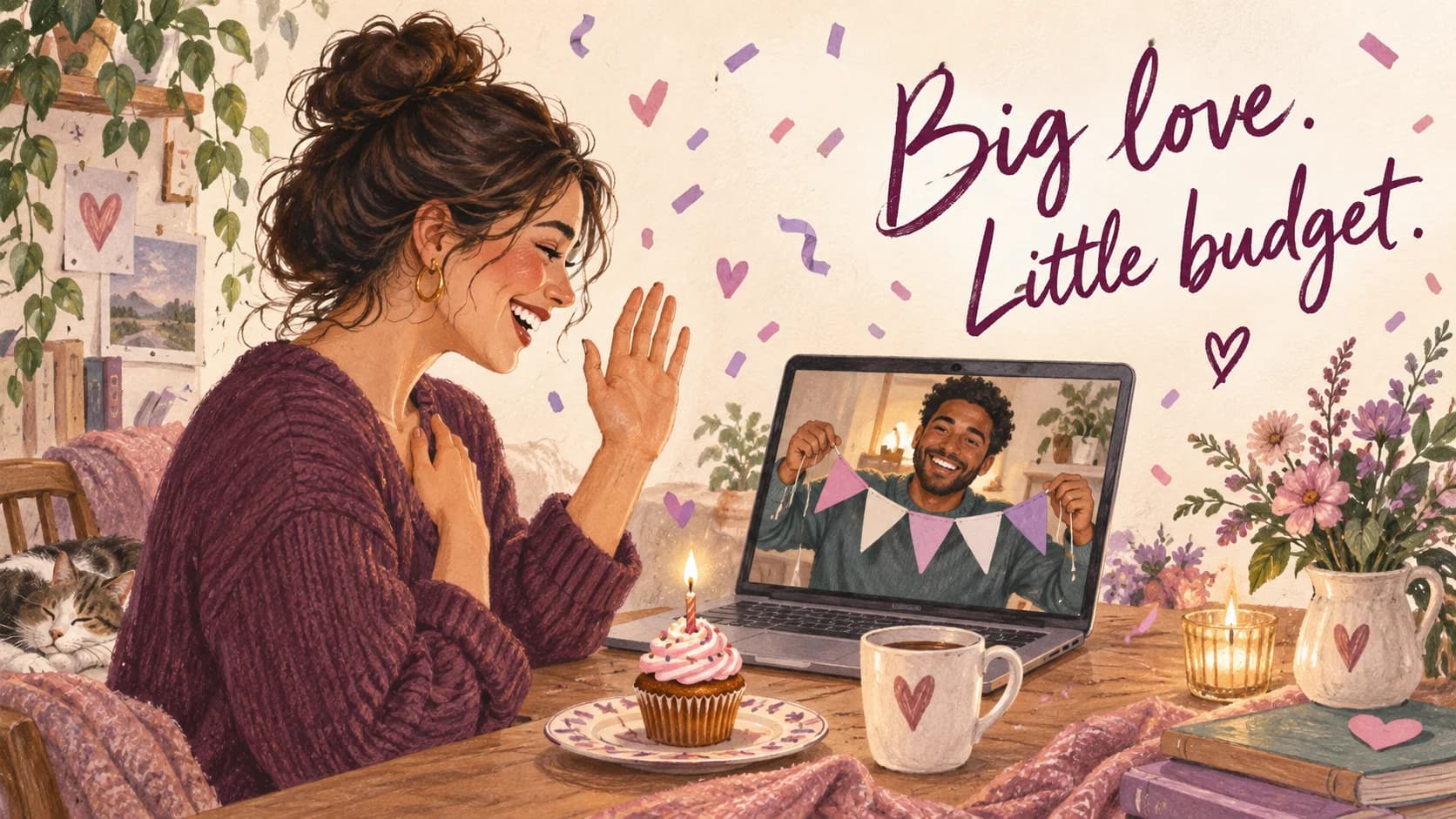 Illustration of a birthday video call with a cupcake and handmade bunting beneath Big love. Little budget.
