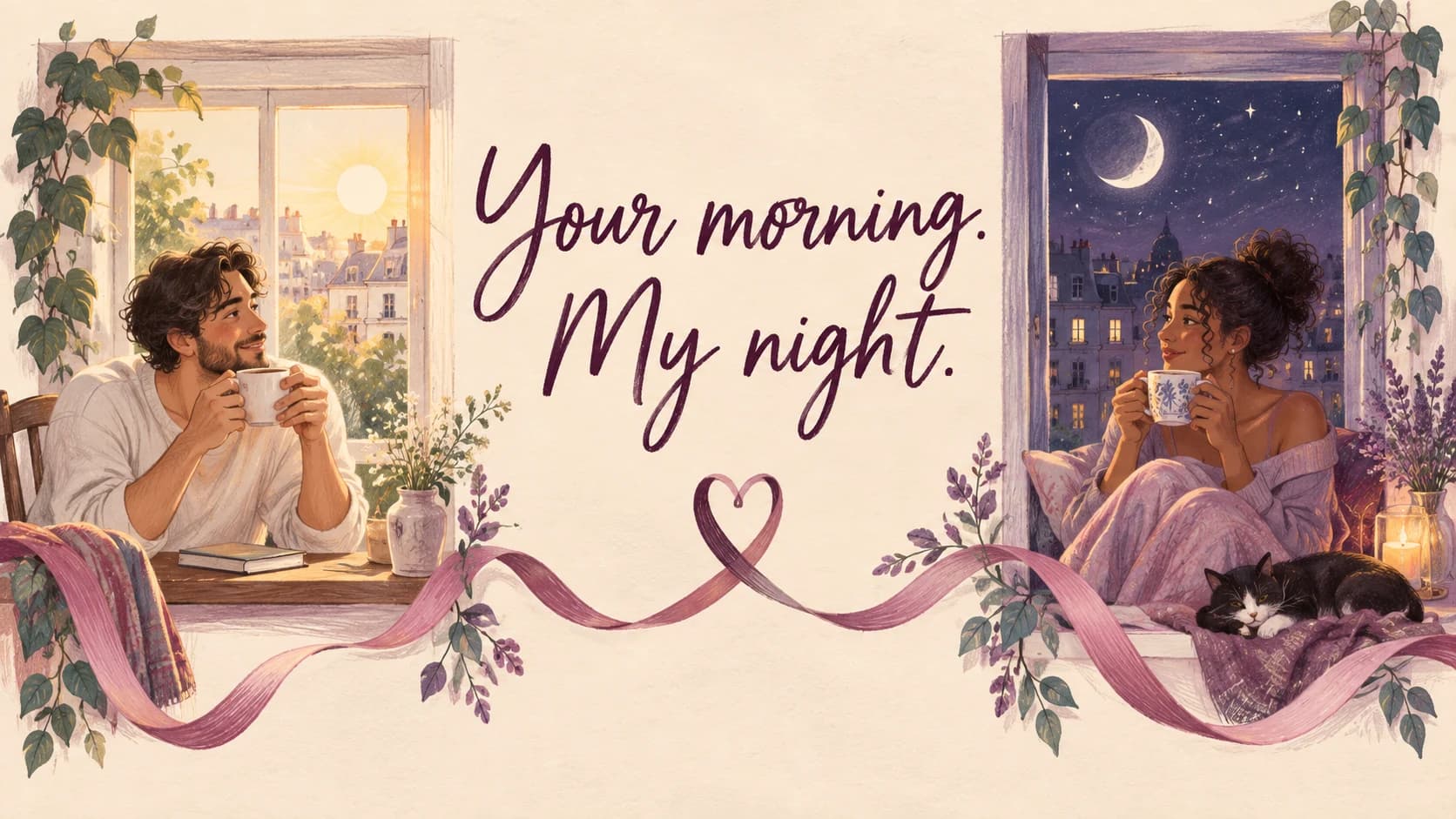 Illustration of partners beside morning and nighttime windows beneath Your morning. My night.