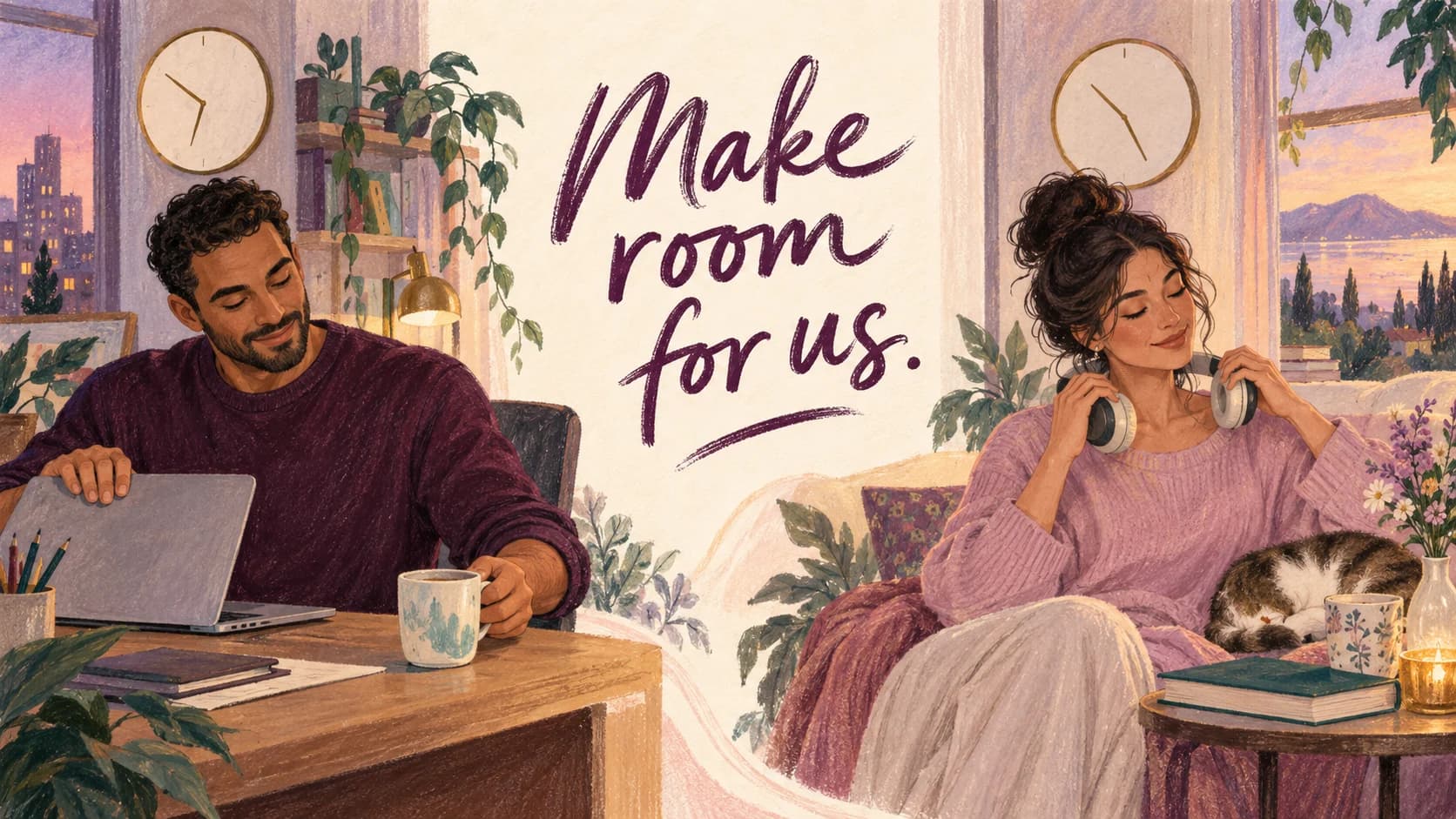 Illustration of partners setting aside work and headphones beneath Make room for us.