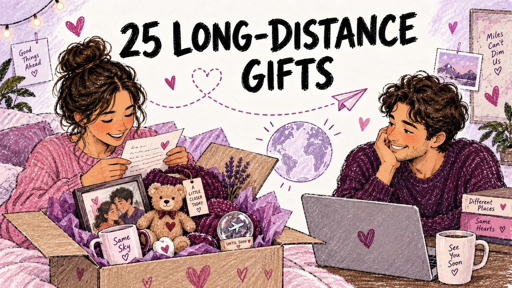 Illustration of a couple sharing a gift opening over a video call