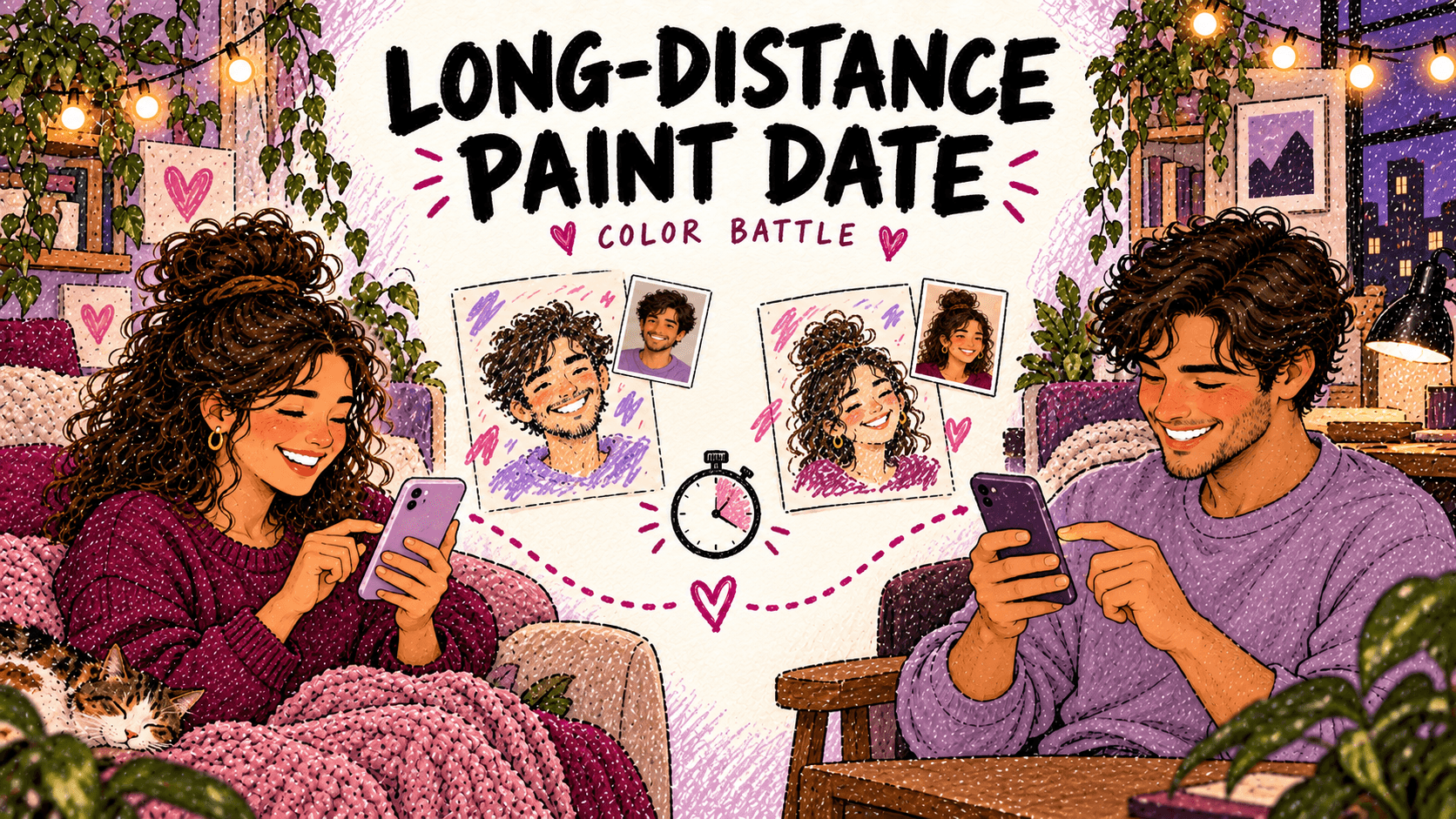 Illustrated couple painting digitally in separate rooms with reference portraits and a stopwatch beneath Long-Distance Paint Date, Color Battle