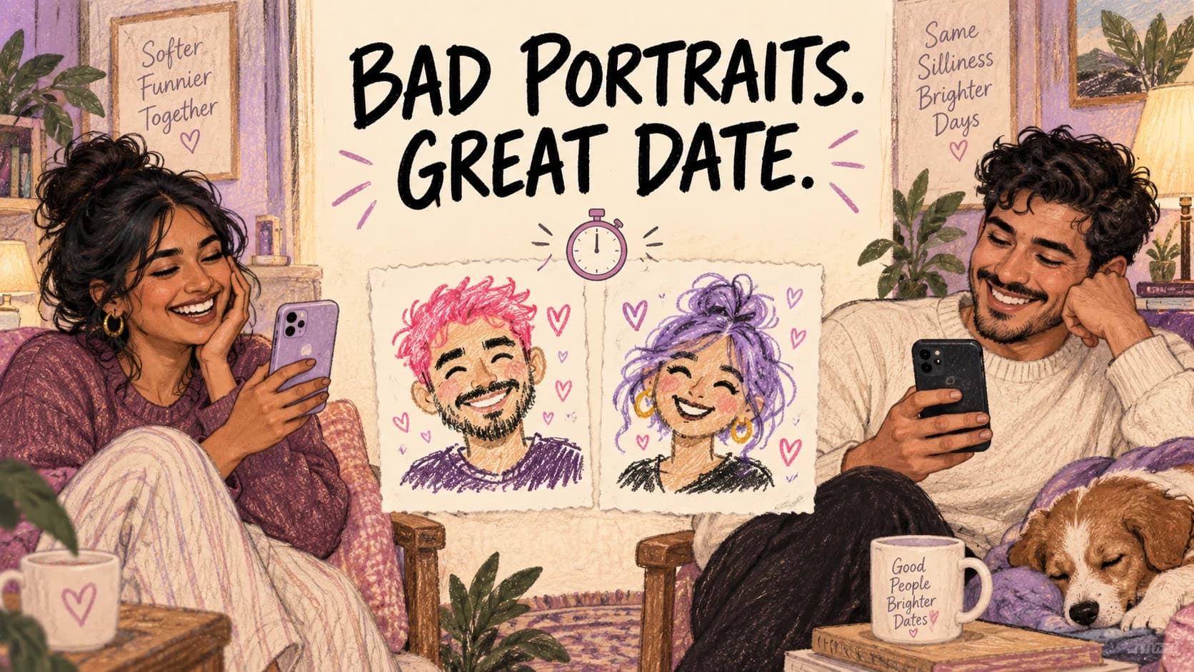 An illustrated couple laughing in separate rooms with playful portraits and a small stopwatch between them