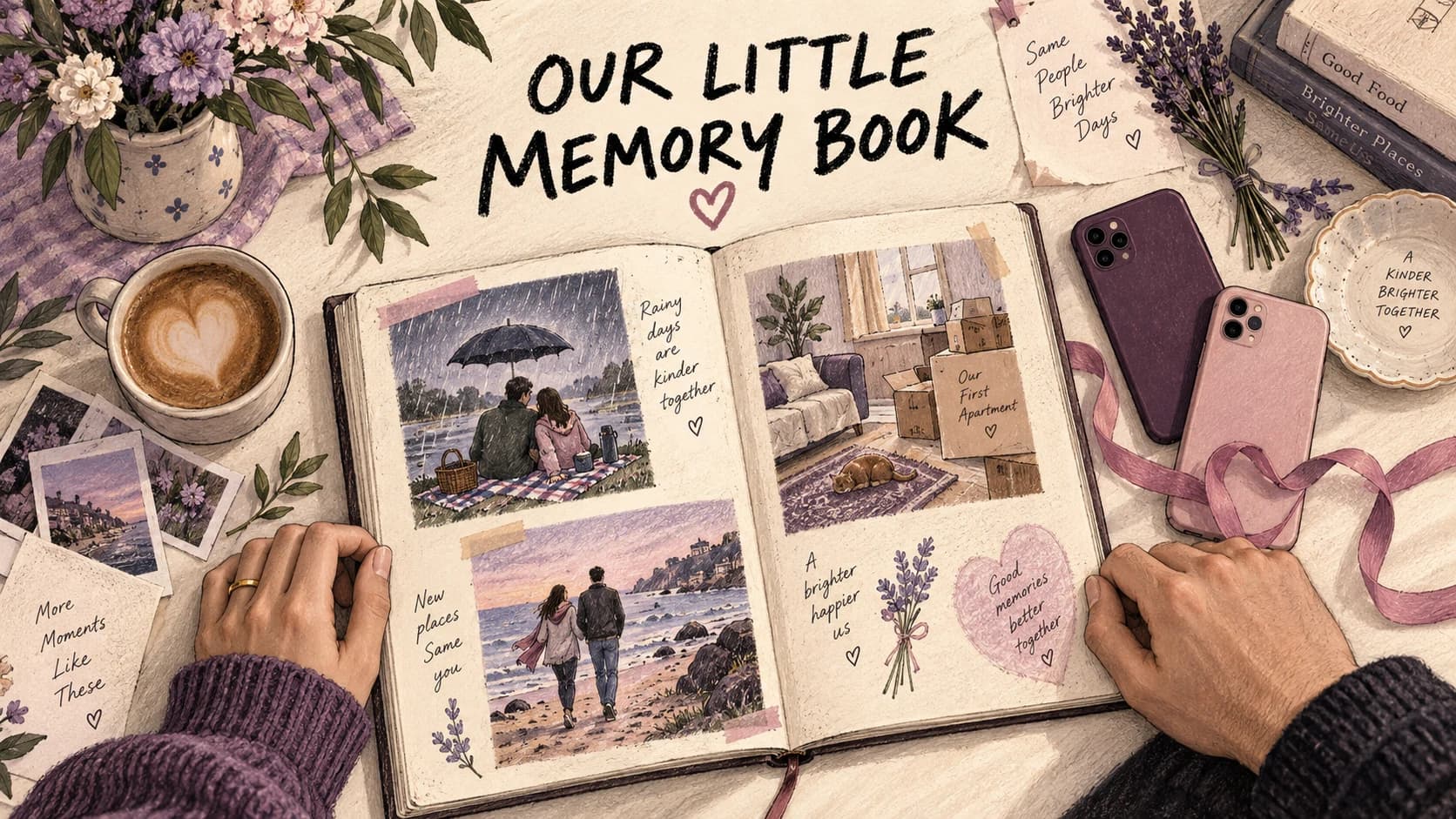Illustration of a couple’s memory scrapbook, photographs and coloring pages