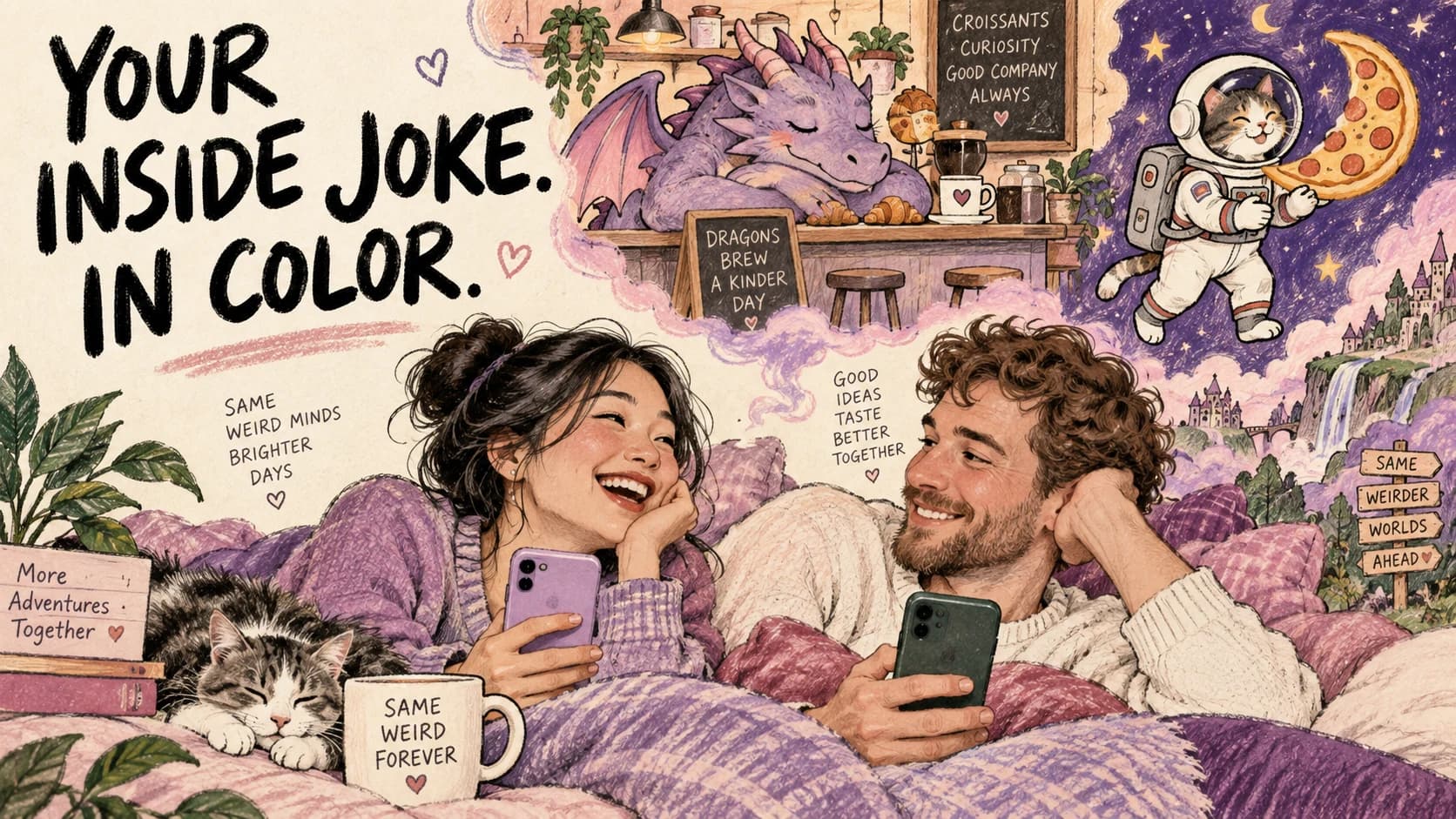 An illustrated couple imagining a dragon cafe and a cat astronaut beneath Your Inside Joke, In Color