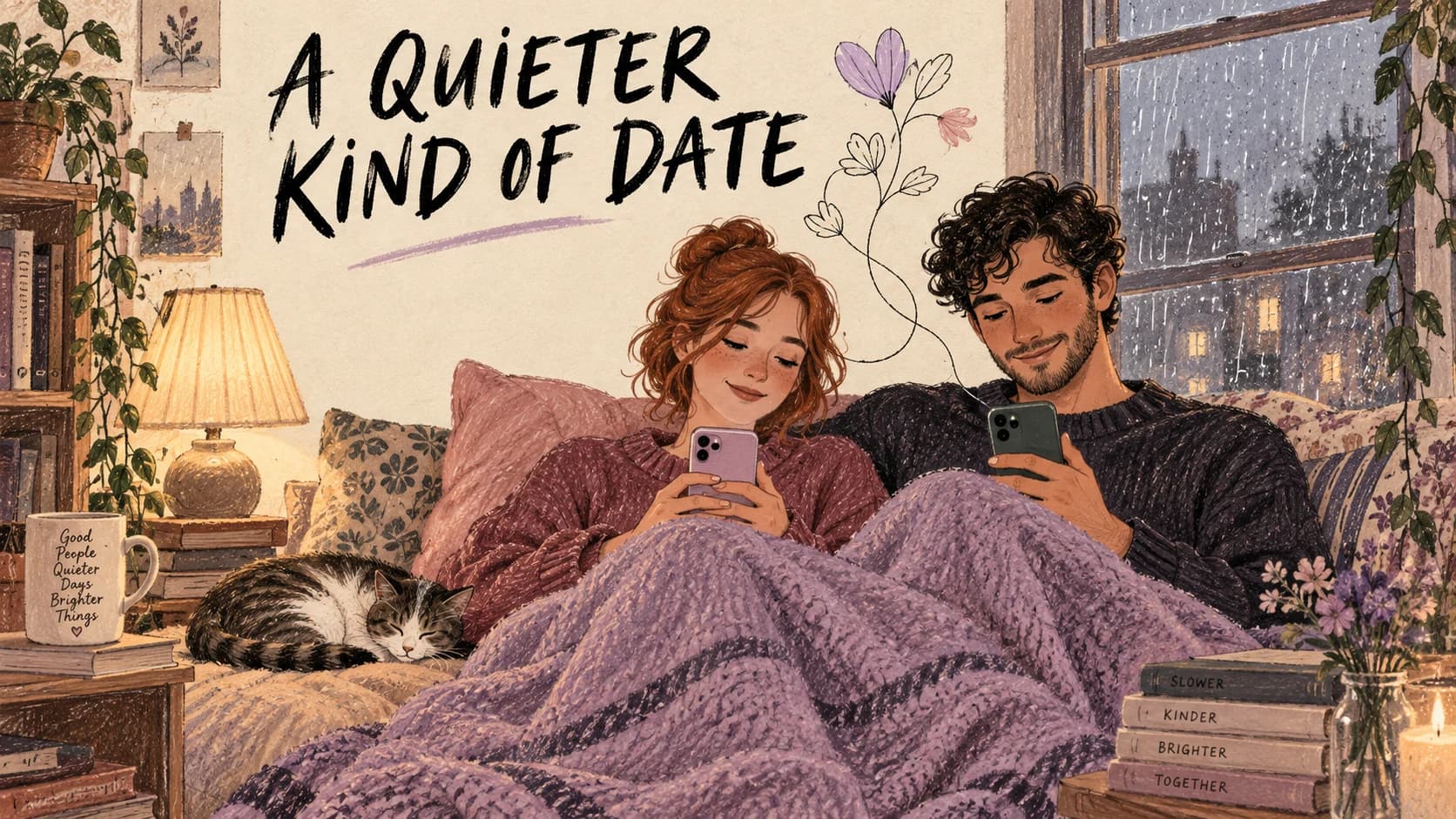 An illustrated couple sharing a blanket in a rainy window nook with their phones and a sleeping cat
