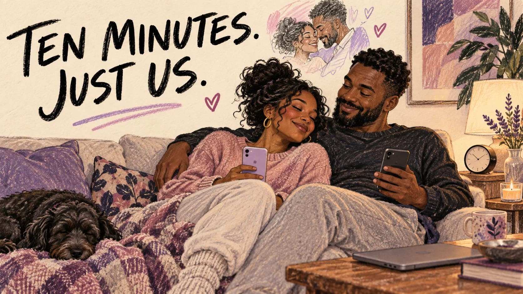 Illustrated couple relaxing with their phones on a sofa beneath Ten Minutes, Just Us