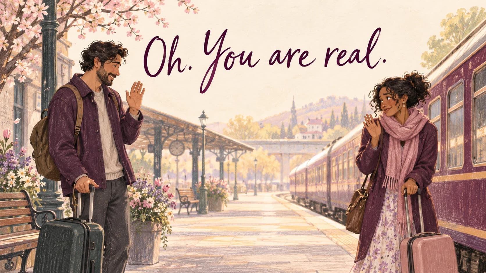 Illustration of partners exchanging a shy first wave at a train station beneath Oh. You are real.