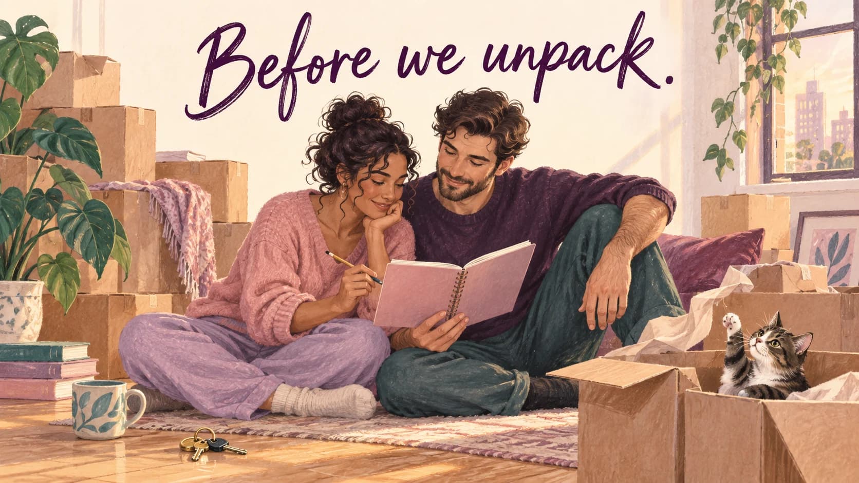 Illustration of a couple planning their home among moving boxes beneath Before we unpack.