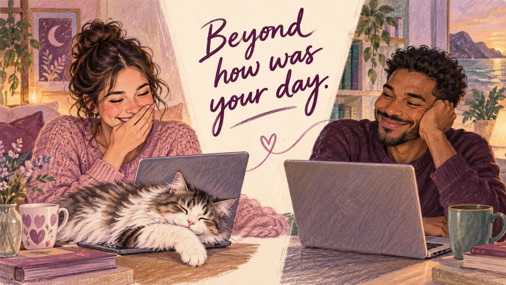 Illustration of partners laughing during a video call interrupted by a cat beneath Beyond how was your day.