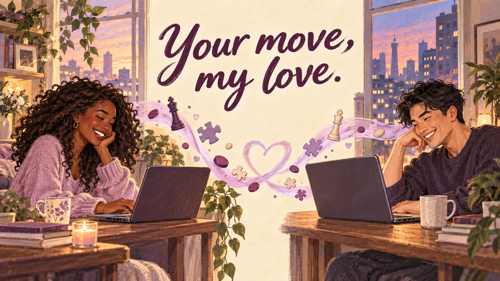 Illustrated partners playing games on laptops in separate homes beneath Your move, my love.