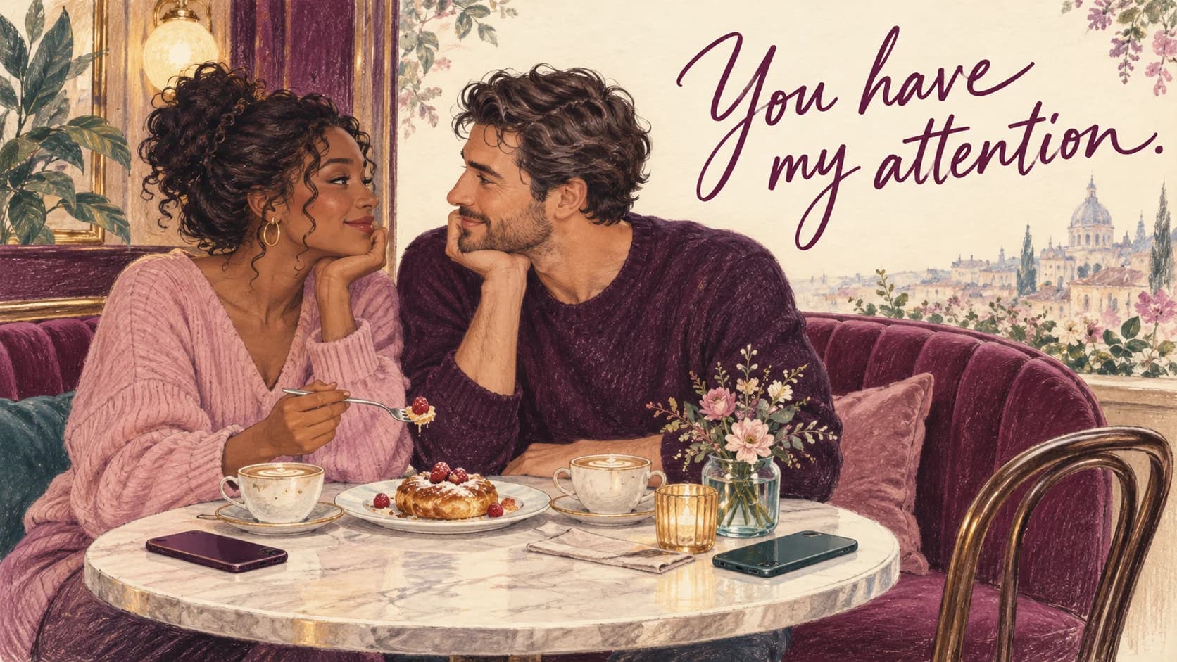 Illustration of a couple sharing dessert with phones set aside beneath You have my attention.
