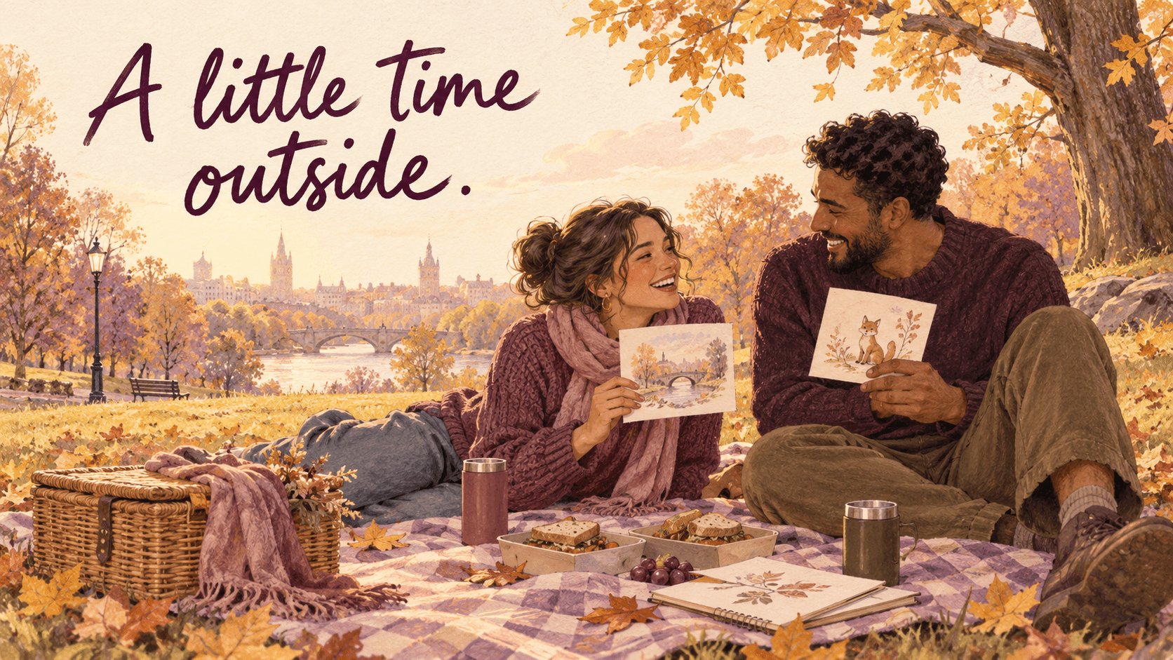 Illustrated couple sharing drawings on an autumn picnic beneath A little time outside.