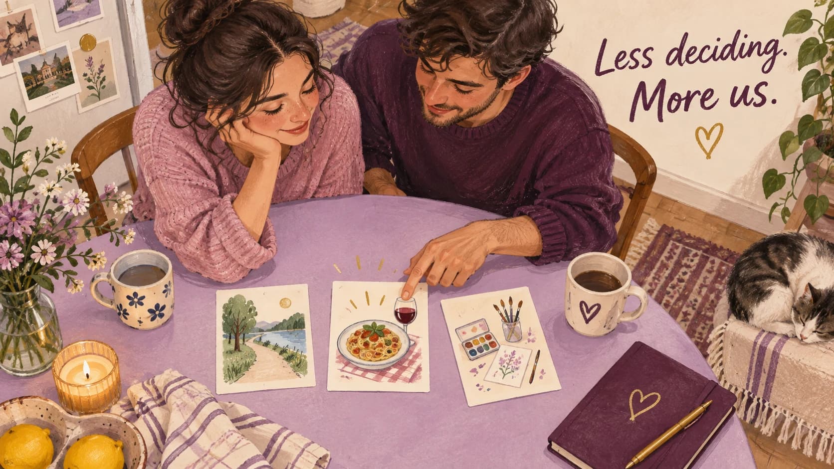 Illustrated couple choosing between three date ideas at a table