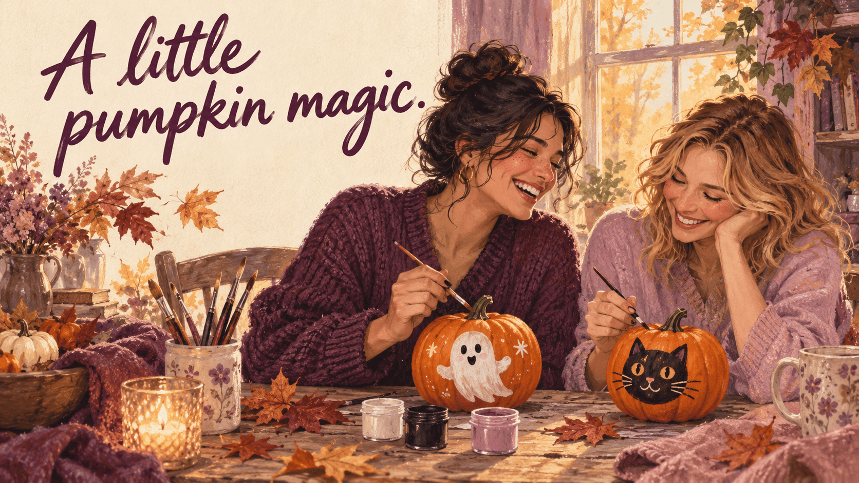 Illustrated couple painting a ghost and cat on pumpkins beneath A little pumpkin magic.