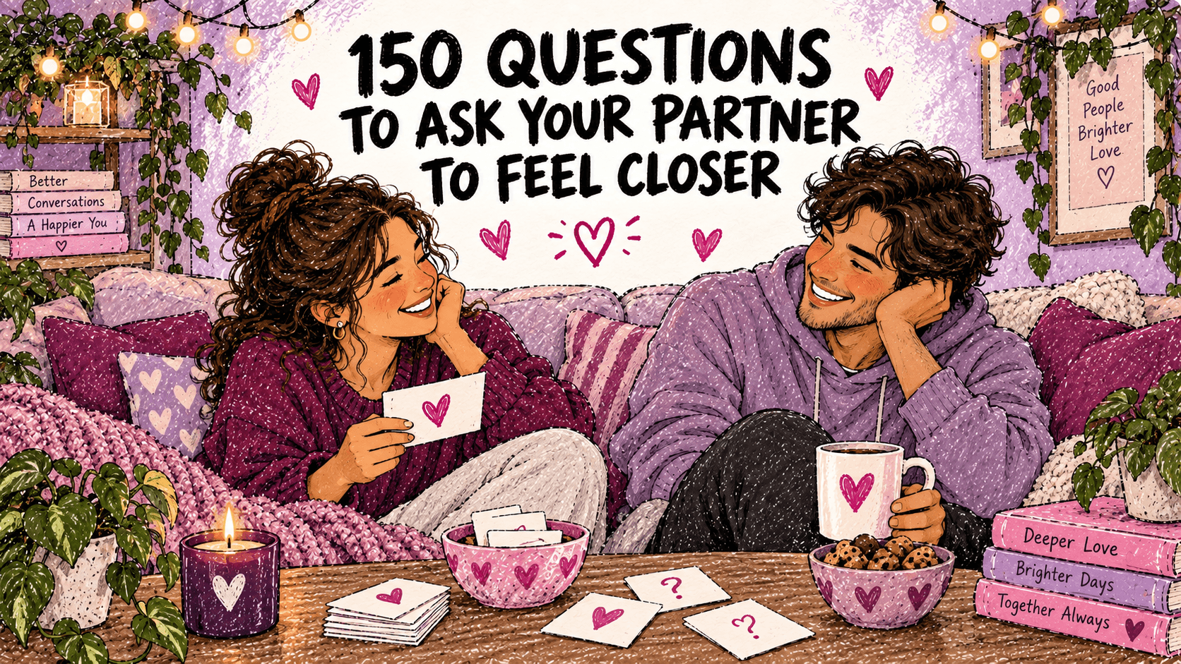 Hand-drawn couple sharing conversation cards on a lilac sofa beneath the title 150 Questions to Ask Your Partner to Feel Closer
