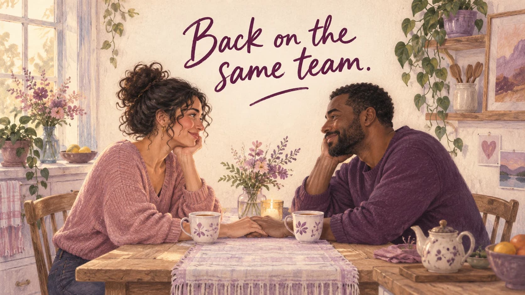 Illustration of partners reconnecting over tea beneath Back on the same team.