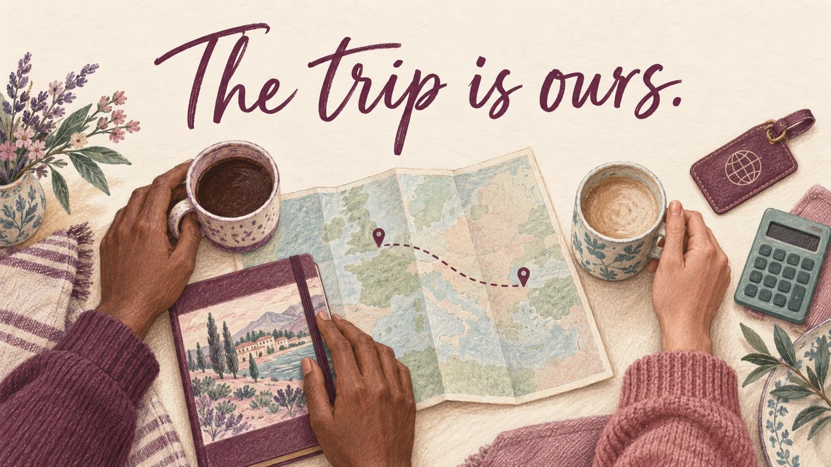 Original illustration of two partners planning travel with a map, notebook, calculator and mugs beneath The trip is ours.